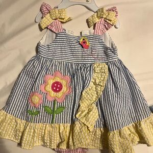 Striped Blue and Yellow Kids Dress with Floral Design